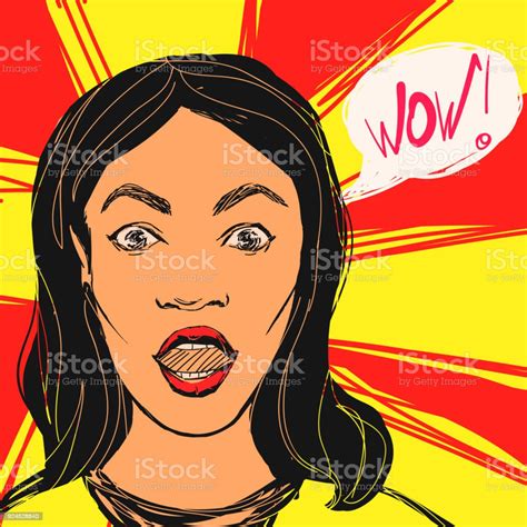 Surprised Brunette Woman With Open Mouth And Wow Text Vector Hand Drawn