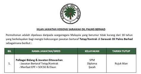 Safety officer, food technologist and more on indeed.com. Permohonan Jawatan Kosong di Sarawak Oil Palms Berhad ...