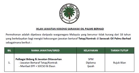 Tawaran adalah dipelawa daripada warganegara malaysia yang berkelayakan untuk memohon bagi mengisi jawatan kosong di jabatan kerja raya sarawak sebagaimana berikut: Permohonan Jawatan Kosong di Sarawak Oil Palms Berhad ...