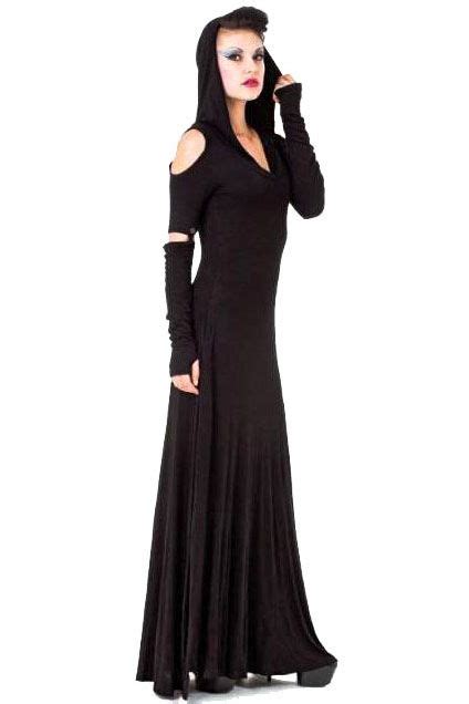 Queen Of Darkness Long Hooded Maxi Dress With Cutout Shoulders