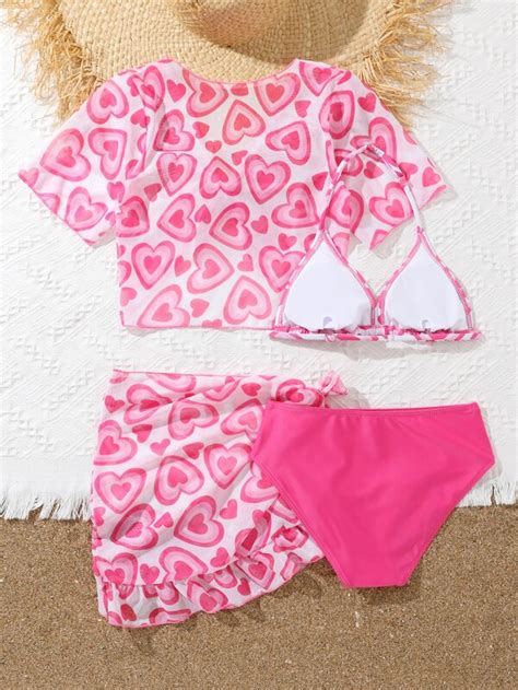 Chicas Con Estampado De Coraz N Cruzado Ba Ador Bikini Con Cover Up Set