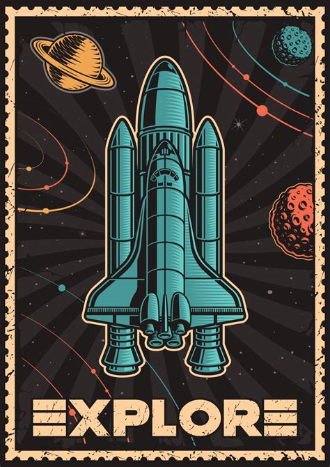 Space poster with shuttle in vintage style on planets background