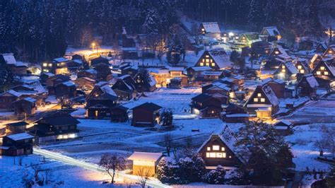 Illuminated Shirakawa Gō Traditional Village At Winter Dusk U
