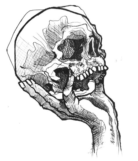 Skull In Hand Shaded By Using Black Pen Sick Drawings Pen Art Drawings
