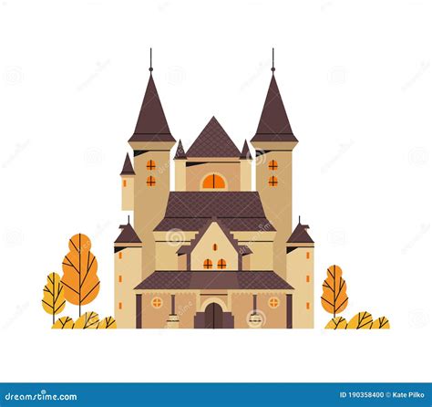 Haunted Castle In A Gothic Architecture Style In Autumn Isolated On A