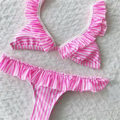 Bokoni New Arrivals 2018 Bikini Sets Pink Striped Womens Swimming Suit Sexy Lotus Leaf Swimsuit