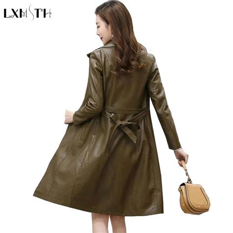 Lxmsth Spring Autumn Slim Long Leather Coat Women With Belt Plus Size Coats For Woman Trench
