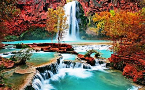 Beautiful Nature Wallpaper With Waterfall In Autumn Forest