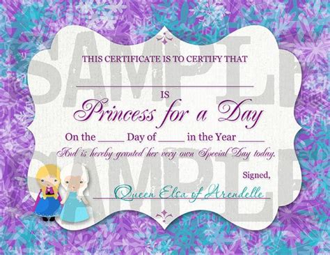 Complete your order and the certificate will be sent in digital copy (softcopy) to your email. Frozen Birthday Princess for a Day Certificate - Printable ...