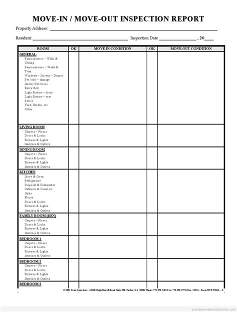 Sample Printable Move In Move Out Inspection Report Form In Property