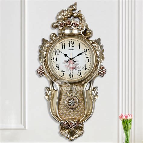 Large Wall Clocks Decorative Floral Silverwhite Silent Pendulum Country