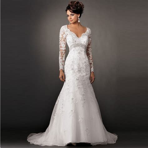 Sexy V Neck trumpet/mermaid wedding dress 2015 long sleeve white lace