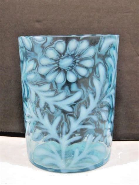 Antique Blue Northwood Daisy And Fern Blown Opalescent Glass Tumbler