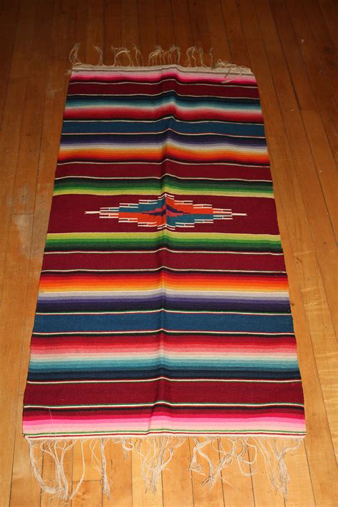 Vintage Mexican Or Southwestern Blanket Serape Throw Rug Red Stripes