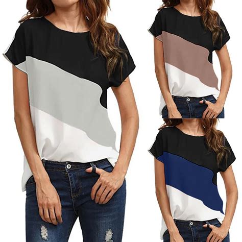 Womens Colorblock Chiffon T Shirt 2019 Ladies Short Sleeved Fashion