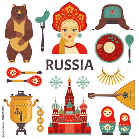 Vecteur Stock Russia Icons Set Vector Collection Of Russian Culture And Nature Images