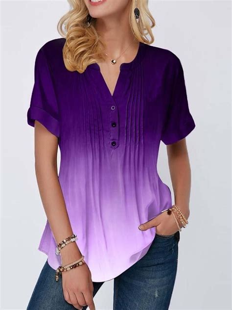 Short Sleeve V Neck Gradient Slim T Shirt Womens Trendy Tops Trendy