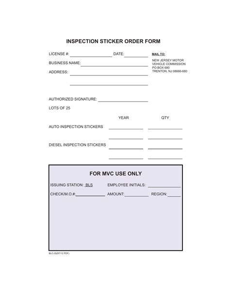 NJ MVC Form BLC-35 - Inspection Sticker Order Form | Forms - Docs - 2023