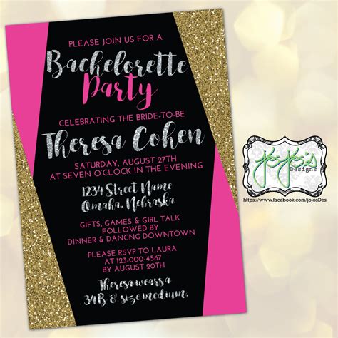 Gold And Silver Glitter Geometric Bachelorette Party Invitation Black Hot Pink Dig