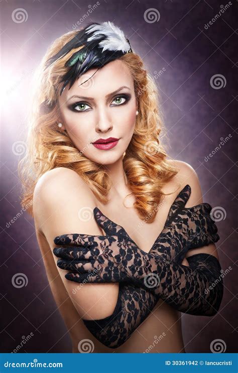 Closeup Portrait Of A Topless Blonde Woman Wearing Black Lace Gloves