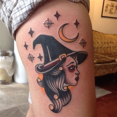 Getting tattooed at witch city ink: Traditional Witch Tattoo On Side Thigh in 2020 | Tattoos ...