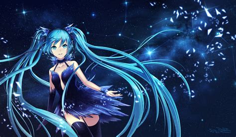 Vocaloid Hatsune Miku Blue Dress Long Hair Twintails Thigh Highs Ribbon Crying