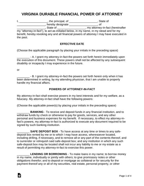 Free Virginia Durable Financial Power Of Attorney Form PDF Word EForms