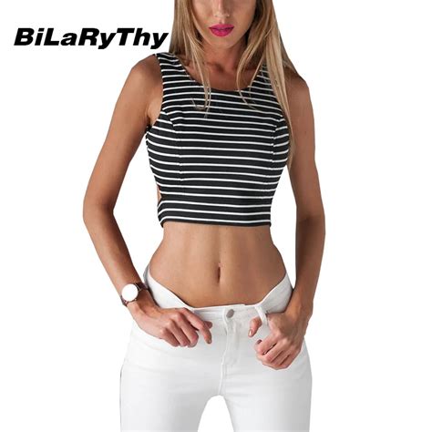 Bilarythy Fashion Womens Tank Tops Sleeveless O Neck Sexy Backless Short Tees Striped Cropped