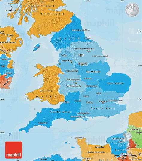 England google satellite map showing the regions and the location of england. Political Shades Map of England