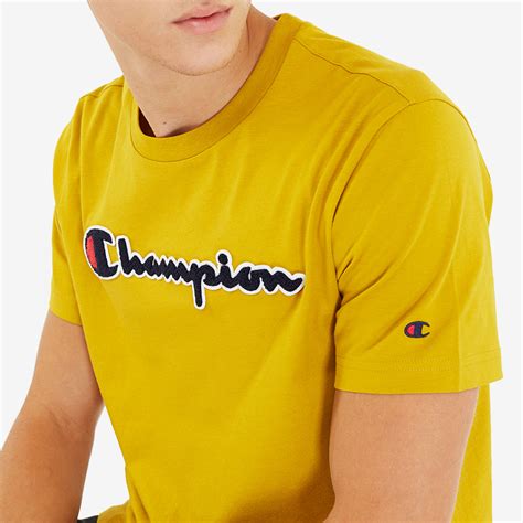 Champion Logo Basic Crewneck T Shirt Yellow Mens Clothing