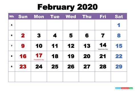 February 2020 Printable Calendar