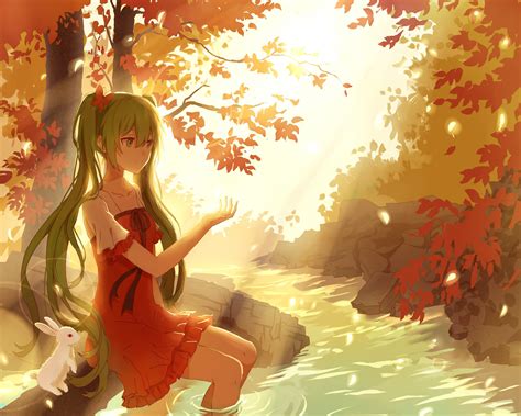 Wallpaper Trees Forest Illustration Long Hair Anime Girls Water Butterfly Red Dress