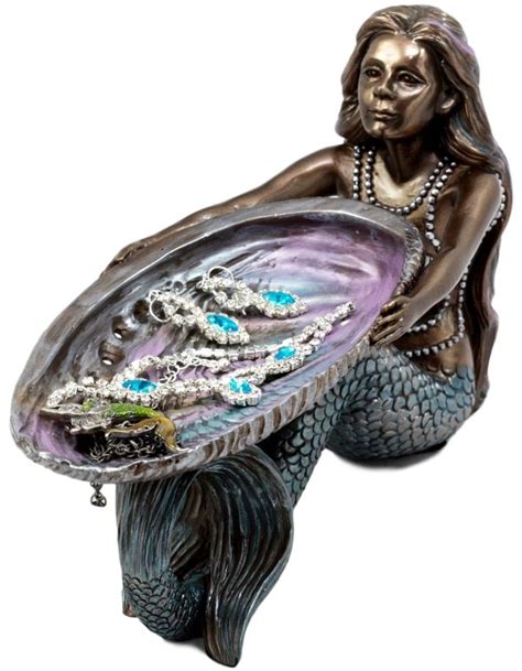 Ebros T Mermaid Holding Abalone Shell Platter Jewelry Dish Figurine
