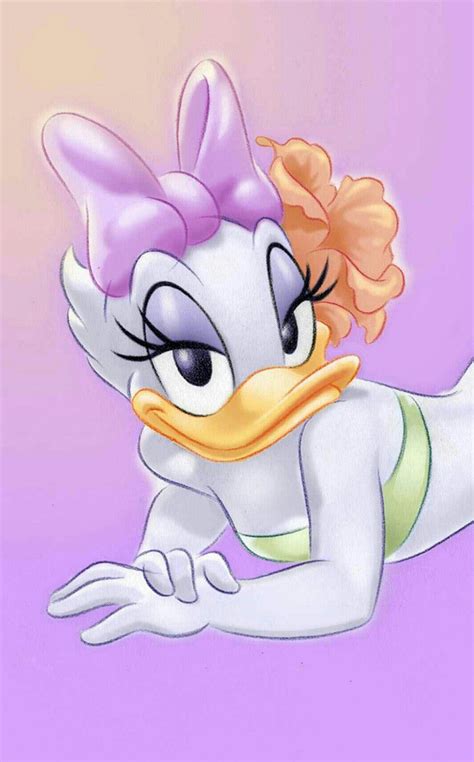 A Cartoon Duck With Pink Hair Laying On The Ground Next To A Purple And White Background
