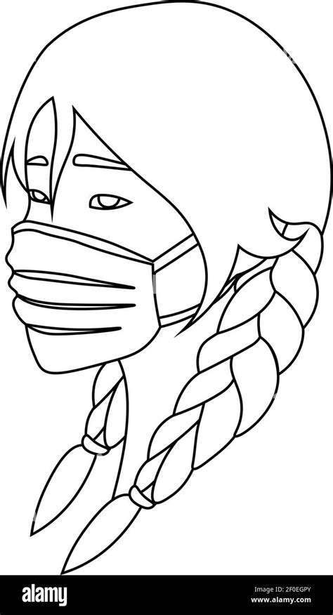 Simple Line Art Of Asian Girl With Braids Wearing Facemask Stock Vector