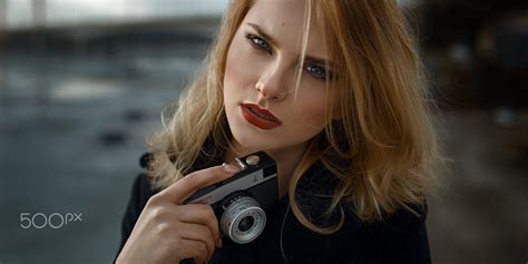 Women Blonde Face Portrait Red Lipstick Damian Piorko Depth Of Field Black Coat Polish Women