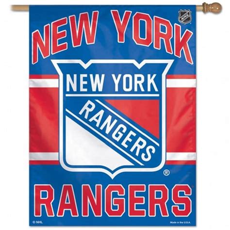 a new york rangers banner hanging on a wall