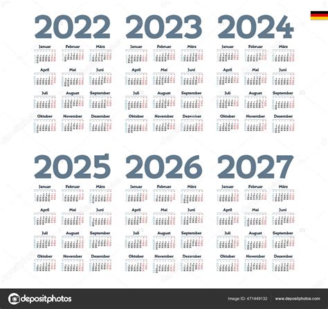 German Calendar 2022 2023 2024 2025 2026 2027 Week Starts Stock Vector Image By ©tashechka