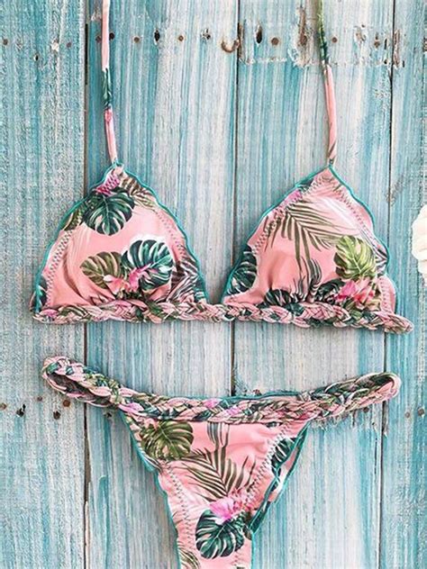 Leaf Floral Wrap Bikini Swimsuit Pink Wrap Bikini Bikini Types Bikinis