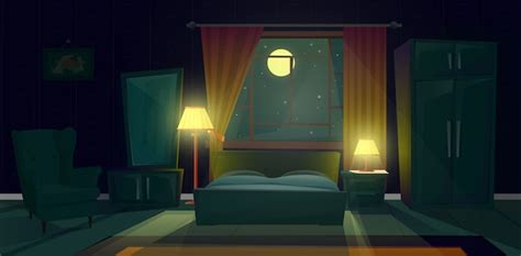 夜の居心地の良いベッドルームの漫画のイラスト。ダブルベッド付きのリビングルームのモダンなインテリア 無料のベクター