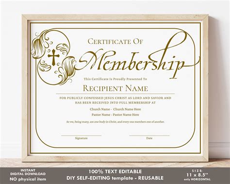 Church Membership Certificate Template Editable Printable Certificate