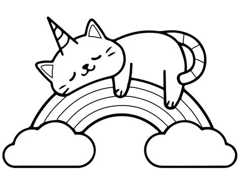 Unicorn Cat on Rainbow Coloring Page - Free Printable Coloring Pages
