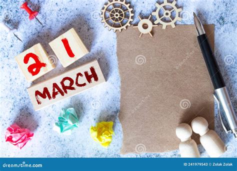 March 21st Day 21 Of Month Wooden Color Calendar On White Background
