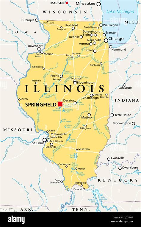 Illinois IL mapa político con la capital Springfield y el área