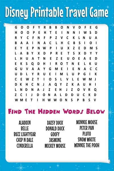 Free Disney Word Search More Printable Travel Games For Kids