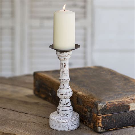 Distressed White Wood Pillar Candle Holder Round Gracefully Restored