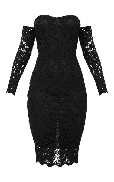Black Lace Bardot Long Sleeved Midi Dress Prettylittlething Aus