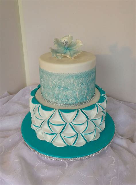 Turquoise And White Wedding Cake With Crystal Lace Wedding Cake