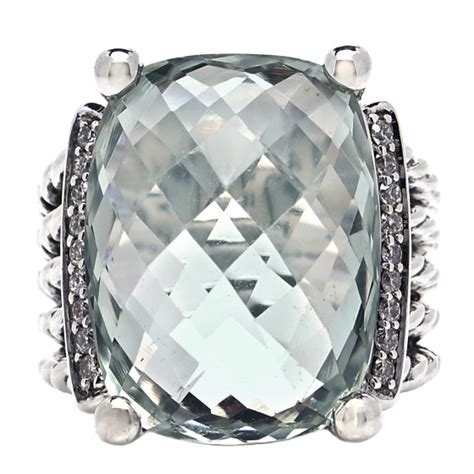 David Yurman Sterling Silver Diamond Prasiolite 20mm Wheaton Ring 52 6