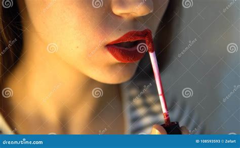 Young Girl Putting Red Lipstick Stock Image Image Of Beautiful